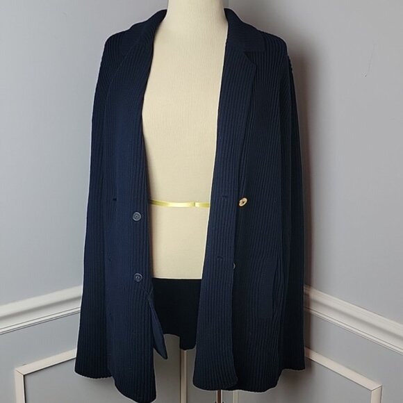 LAUREN RALPH LAUREN Navy Knit Double Breasted Nautical Cardigan Sweater Jacket - Picture 5 of 9